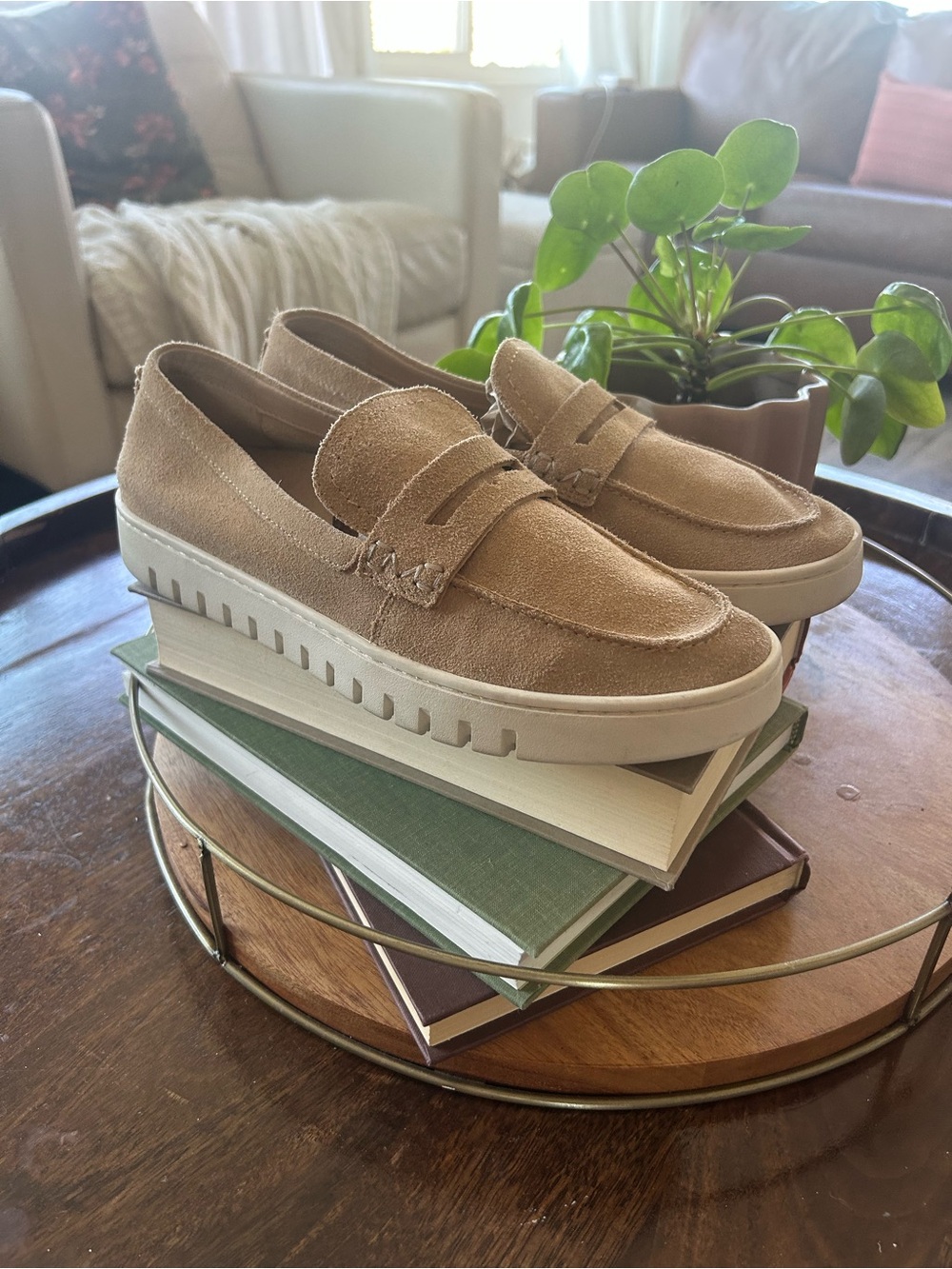 Vionic Suede Platform Penny Loafers — Beige/Tan